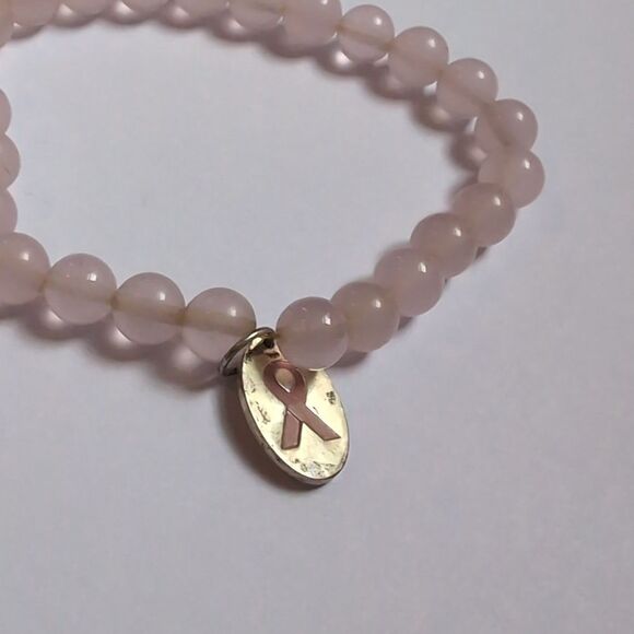 436 Rose Quartz Pink Beaded Bracelet with Silver Pink Ribbon Breast Cancer Charm - Picture 4 of 5